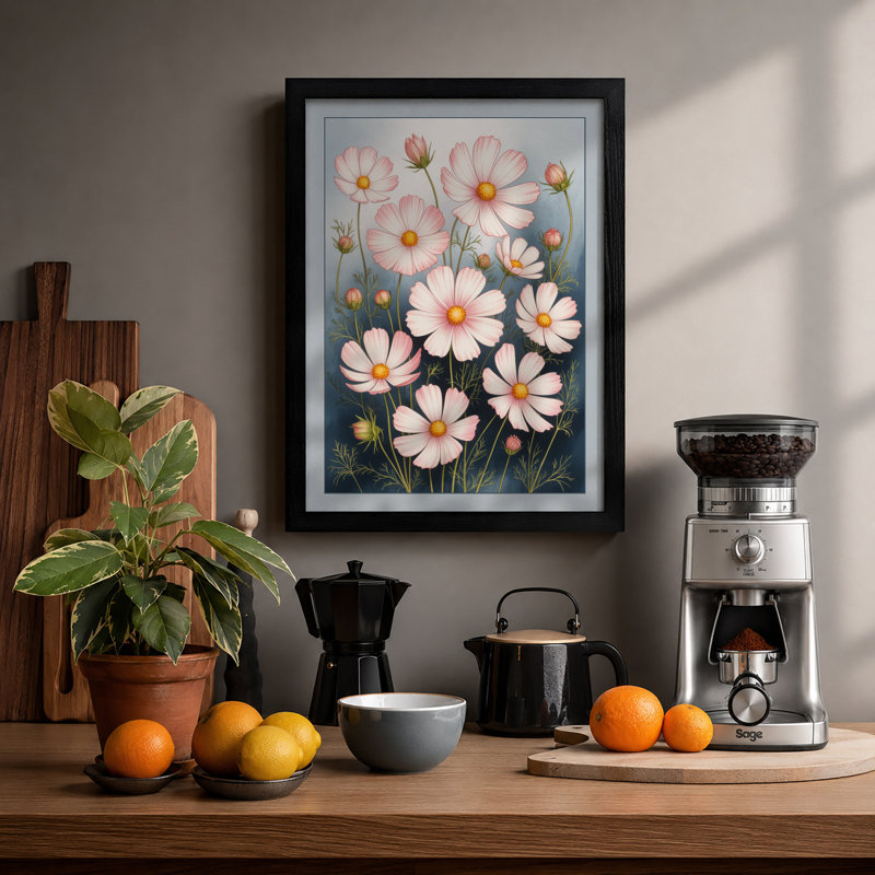 Cosmos in Bloom Botanical - Framed Print, Black, A4 - 29.7 x 21.0 cm