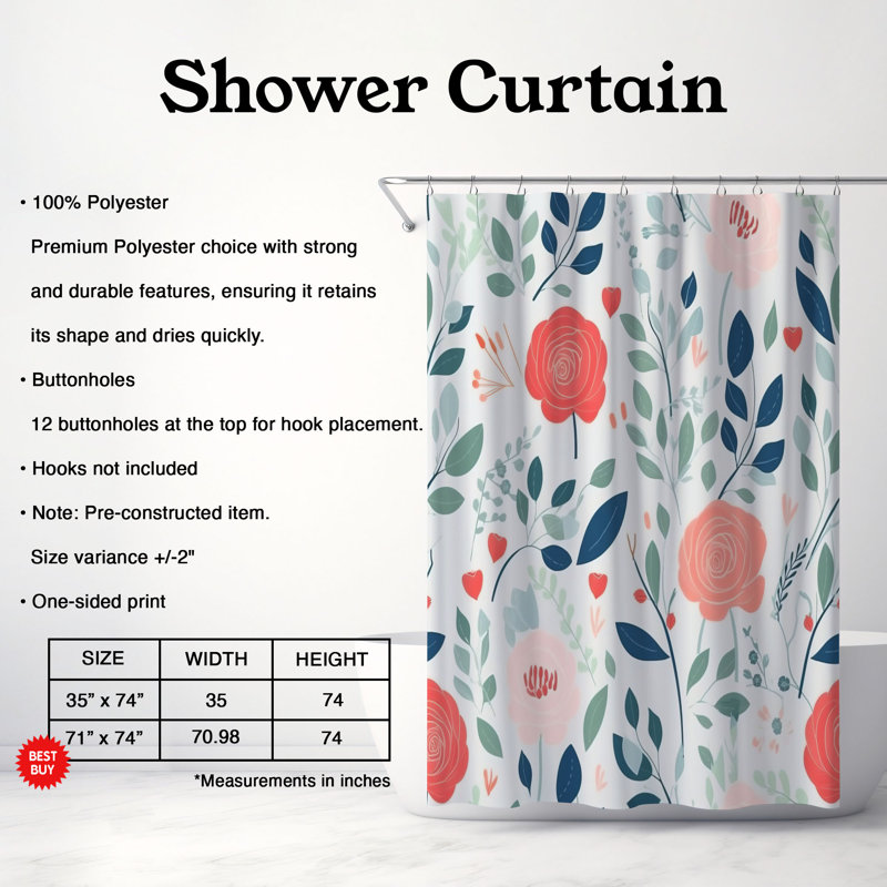 Floral Sanctuary - Rideau de douche Premium, H 74 po x l 71 po