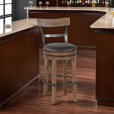 Yael Swivel Barstool Chair Set of 2, Gray Faux Leather, Brown, Black by Benjara
