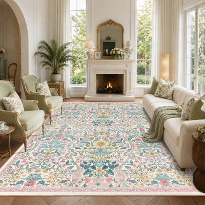 Washable Area Rug - Vintage Boho Botanical Low-Pile Rug