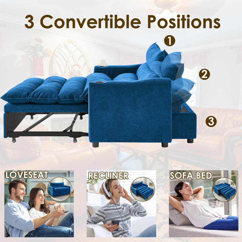 Masir 3 in 1 Convertible Pull Out Sleeper Sofa with Adjustable Backrest & Cupholders, Blue