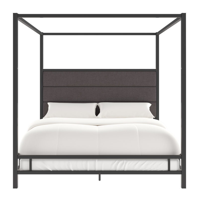 Pettaway Upholstered Metal Canopy Bed, Black Nickel/Dark Gray, Queen