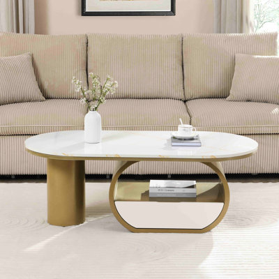 Table basse luxueuse moderne ovale de 48,17 po, métal doré avec tiroir de rangement et plateau en faux marbre pour le salon, rangement peu encombrant, structure stable, assemblage rapide