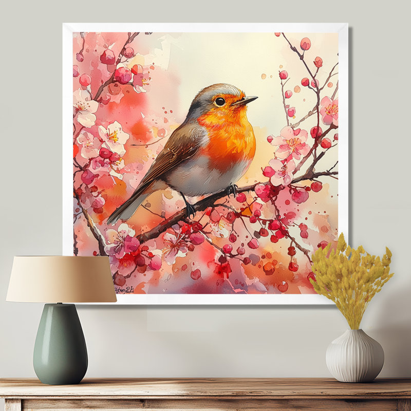 Oiseau rouge-gorge Robin, H 36 po x l 36 po, Reproduction encadrée d'une seule photo, Blanc