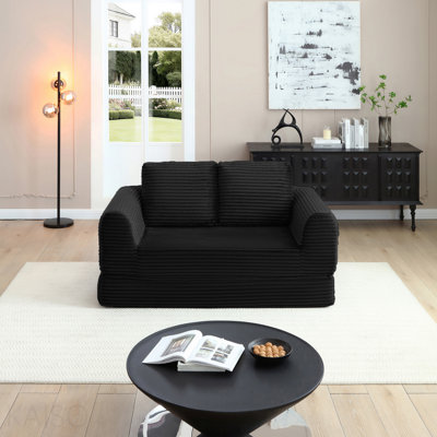 2-In-1 Folding Convertible Sofa Bed, Modern Corduroy Sleeper Couch With 2*Pillows, Futon Modular Upholstered Boneless Loveseat With Pull-Out Bed,Folding Floor Modular Couch For Living Room Black