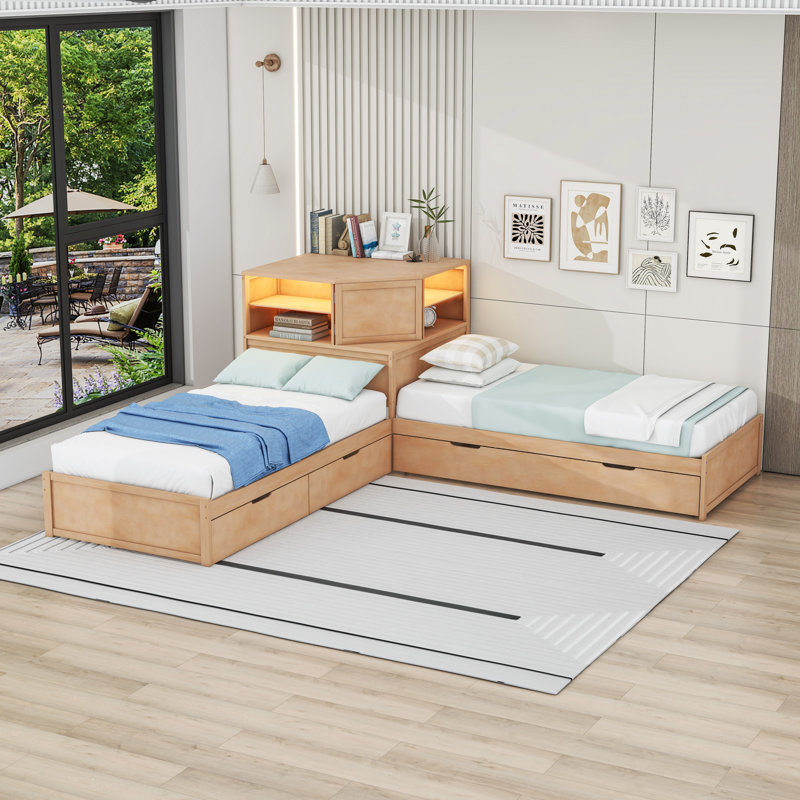 Lit plateforme simple en L avec lit gigogne simple et tiroirs de rangement, tablettes, Naturel