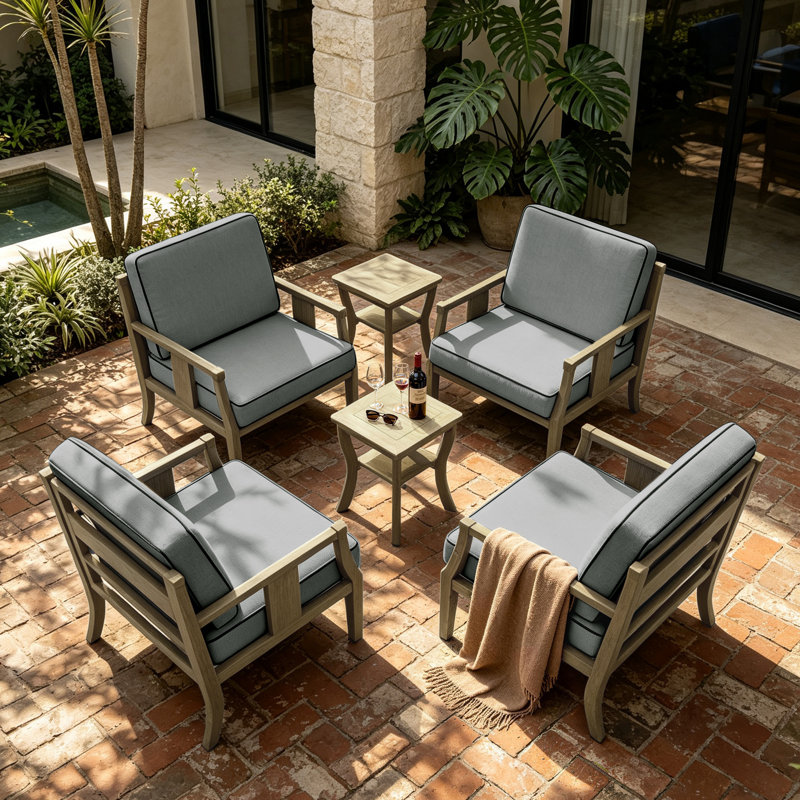 Teak Outdoor Four-person Conversation Set With Cushion And Two Side Tables, Gray, Brown