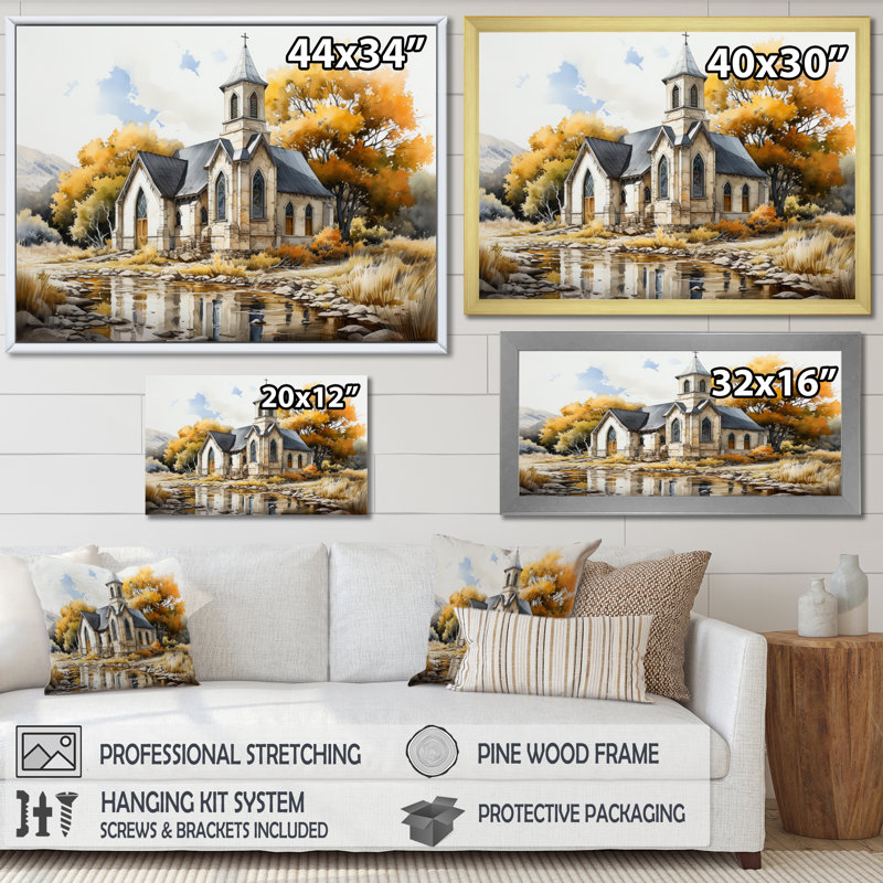 «Lansdcape Church Tranquil Abode III», reproduction sur toile, Cadre simple argenté, H 34 po x l 44 po x P 1,5 po