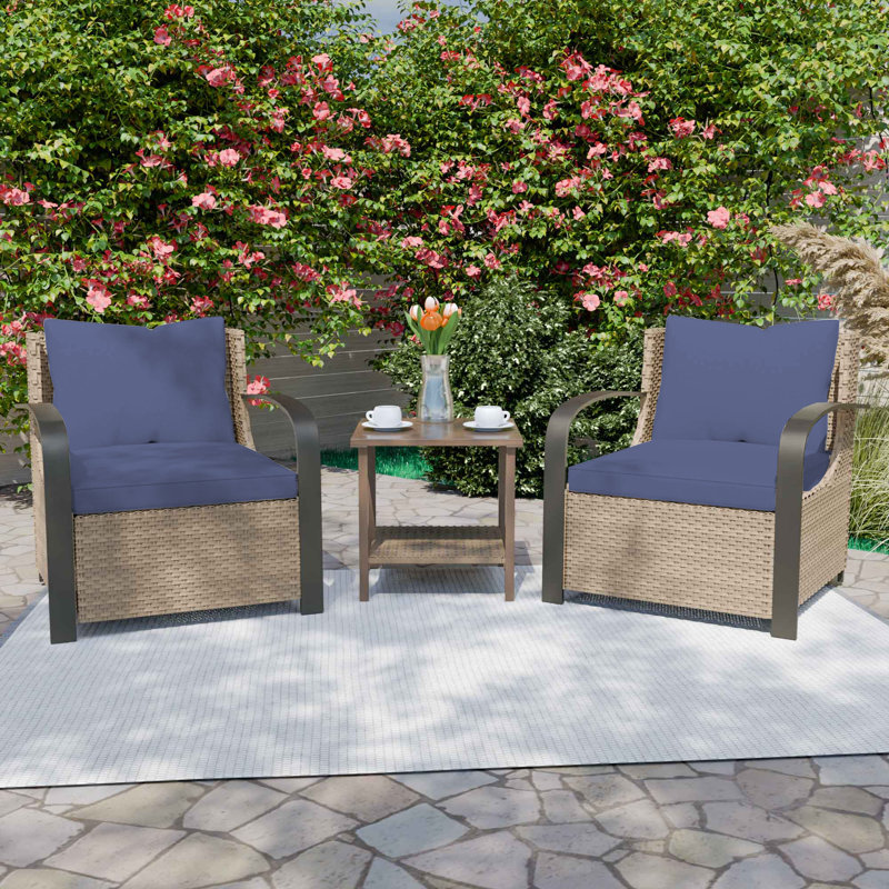 3-Piece 2-Person Wicker Patio Seating Group with Cushion, Blue