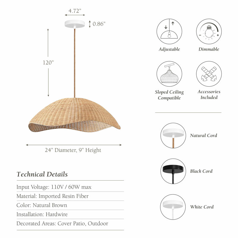 Nana Outdoor Rattan Pendant Light - Large Natural Resin Dome 1-Light Handmade Adjustable Outdoor Ceiling Light For Covered Patio, Entryway In Coastal, Farmhouse, Country & Rustic Style