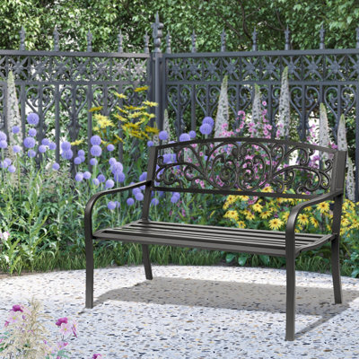 50" Outdoor Bench, Metal Garden Bench with Floral Pattern Backrest, Porch Bench with Slatted Seat for Park, Yard, Lawn, Black