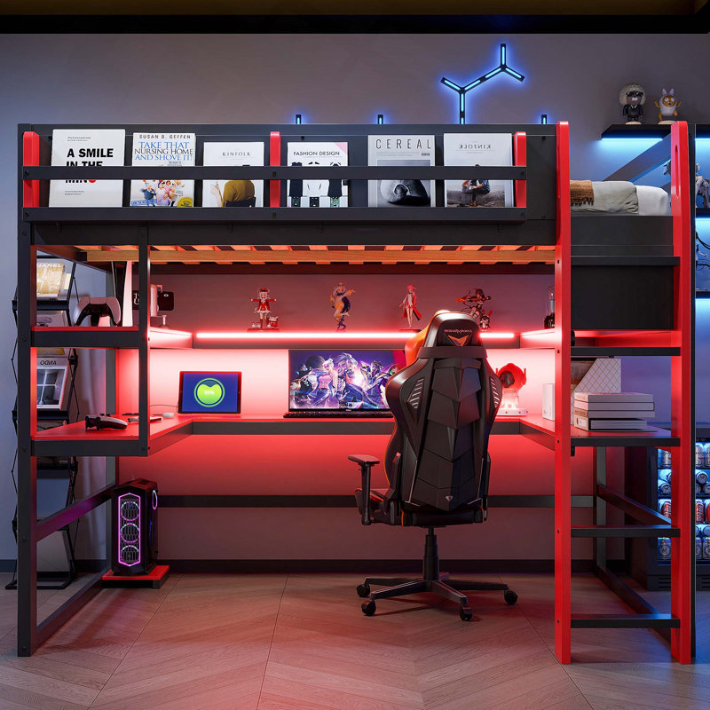 Lit mezzanine en bois avec bureau, support de rangement latéral, tablettes multiples et lumière RVB, Red, Full