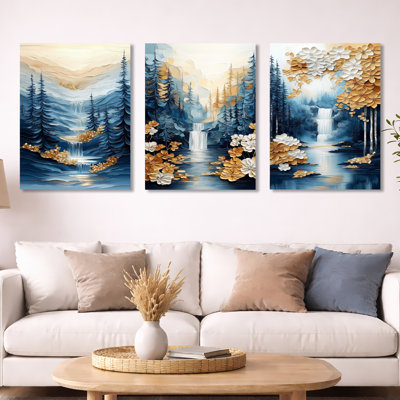 Blue and Gold Cascade Valley – Scenic Metal Print Set of 3