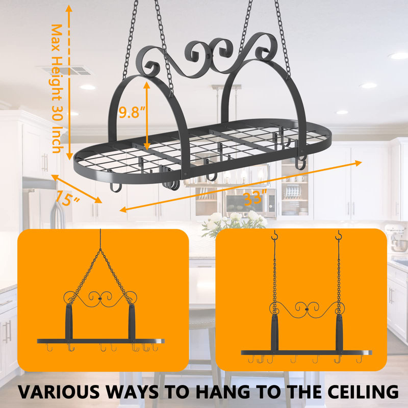 33" Pots And Pans Hanging Rack, Oval Ceiling Pot Rack With Grid, Heavy-Duty Metal Pan Rack Hanging Organizer With Hooks, Hanging Pot Rack Ceiling Mount