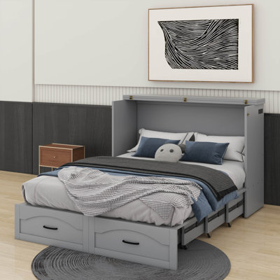 Lit escamotable double pleine grandeur avec tiroir et ensemble de prises et ports USB, structure à poulie