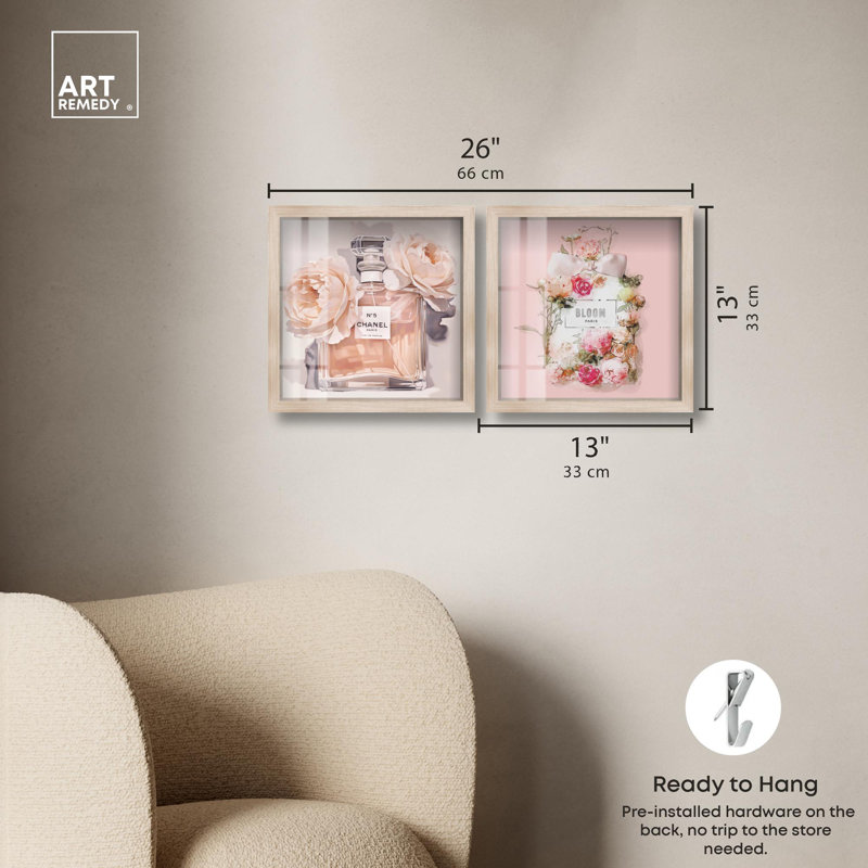 «Blush Pink Whimsy Glam Art», ensemble de 2 panneaux par Shadowbox , H 13 po x l 13 po, Crème, crème