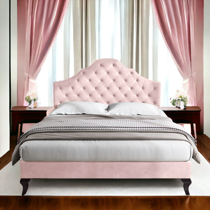 Ince Upholstered Velvet Bed, Pink