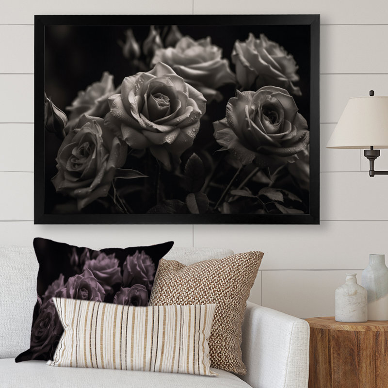 «Gray Romantic Roses I», reproduction sur toile, Cadre photo noir, H 12 po x l 20 po x P 1 po