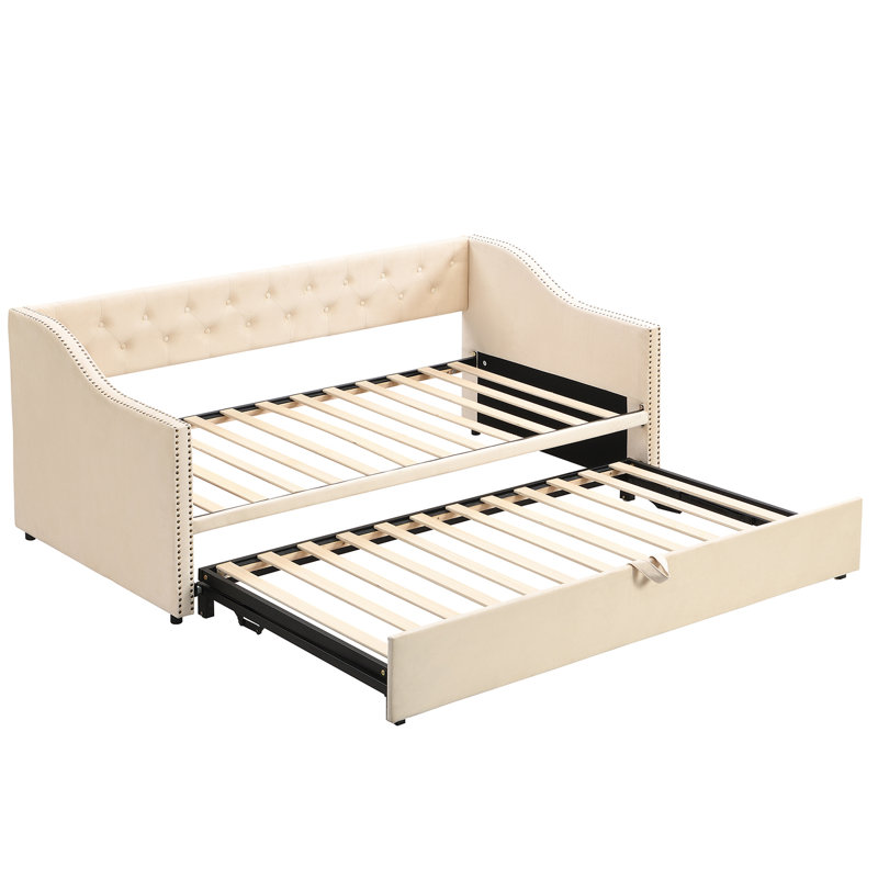 Lit de jour rembourré avec lit gigogne escamotable, Beige
