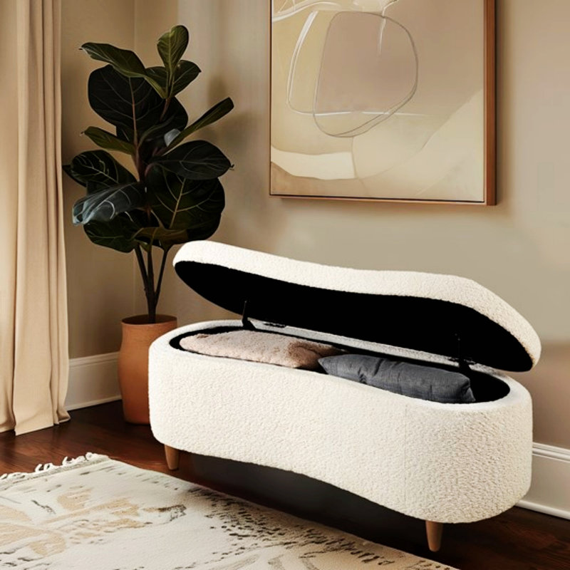 Banc de rangement avec dessus rabattable et pieds en bois massif, Crème, crème
