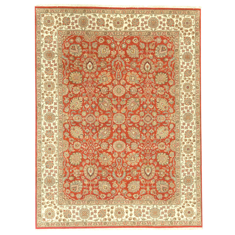 Tapis rouge et ivoire de haute qualité noué à la main