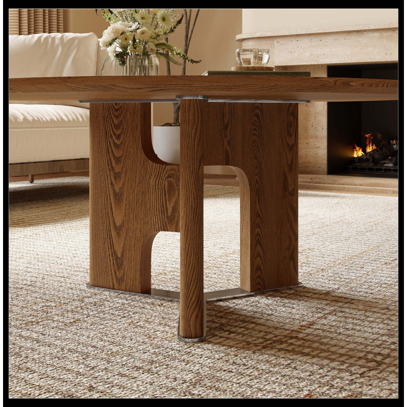 Table basse 31,5 pouces ronde en placage de bois de frêne rustique pour petit salon