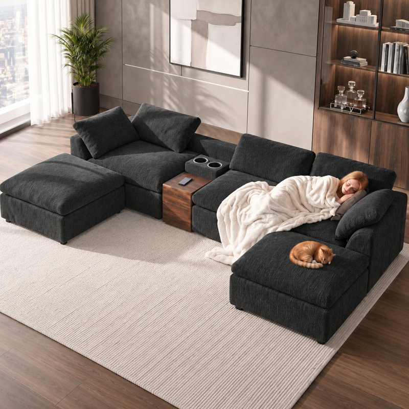 Canapé modulaire en U 125,98 po avec console de rangement et porte-gobelets, canapé en chenille 3 places, Chenille noir
