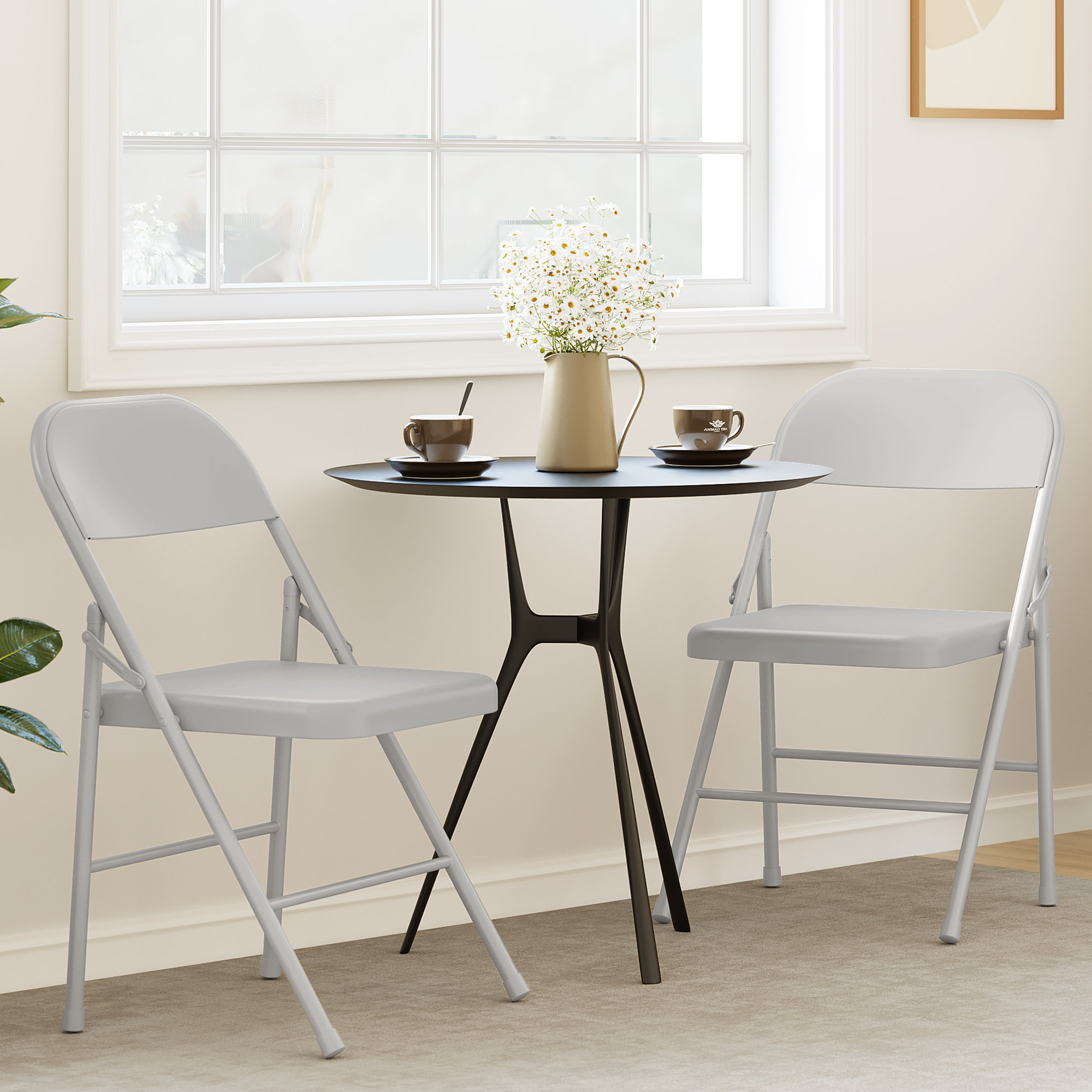 17 Stories All-Steel Folding Chairs with Backrest, Heavy Duty Metal  Foldable Dining Chair Set of Hold Up to 350 LBS, Beige Portable Chair for 