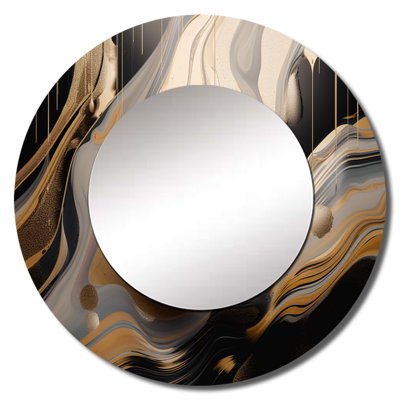 Padraigh Gold And Black Marbled Euphoria I - Marble Large Mirror, Modern Round Decorative Wall Mirror, Printed Metal Art