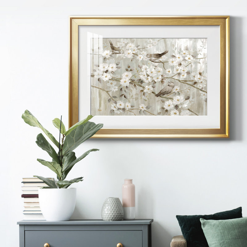 Neutre oiseaux printaniers - peinture encadrée, H 18,5 po x l 24,5 po x P 1,5 po, Cadre doré