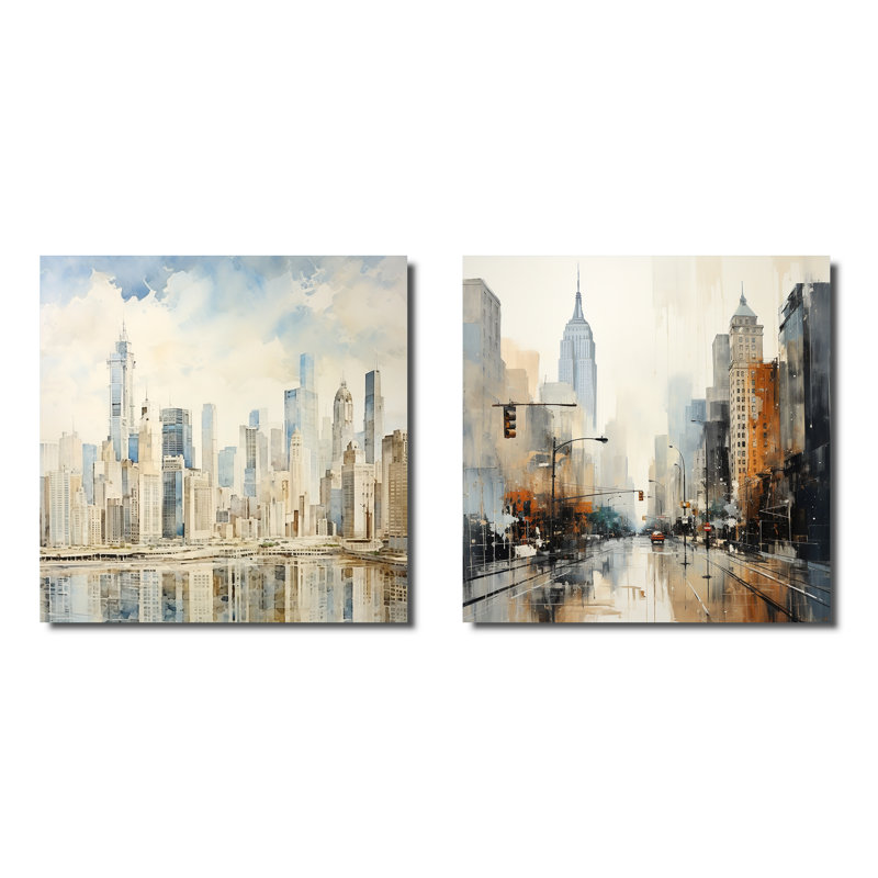 Ivoire Infinity Skyscraper Cityscape II - ensemble de 2 gratte-ciel carrés, Toile tendue, H 16 po x l 33 po