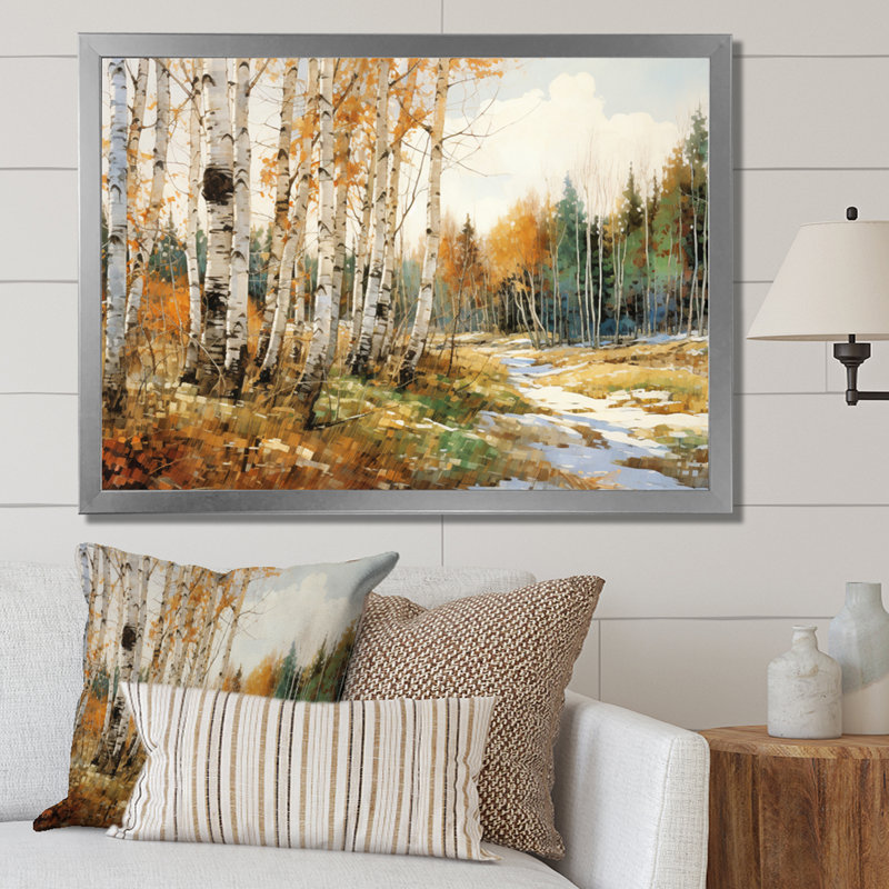 Bouleau saisonnier en bois de bouleau I sur toile, H 34 po x l 44 po x P 1,5 po, Cadre photo argenté