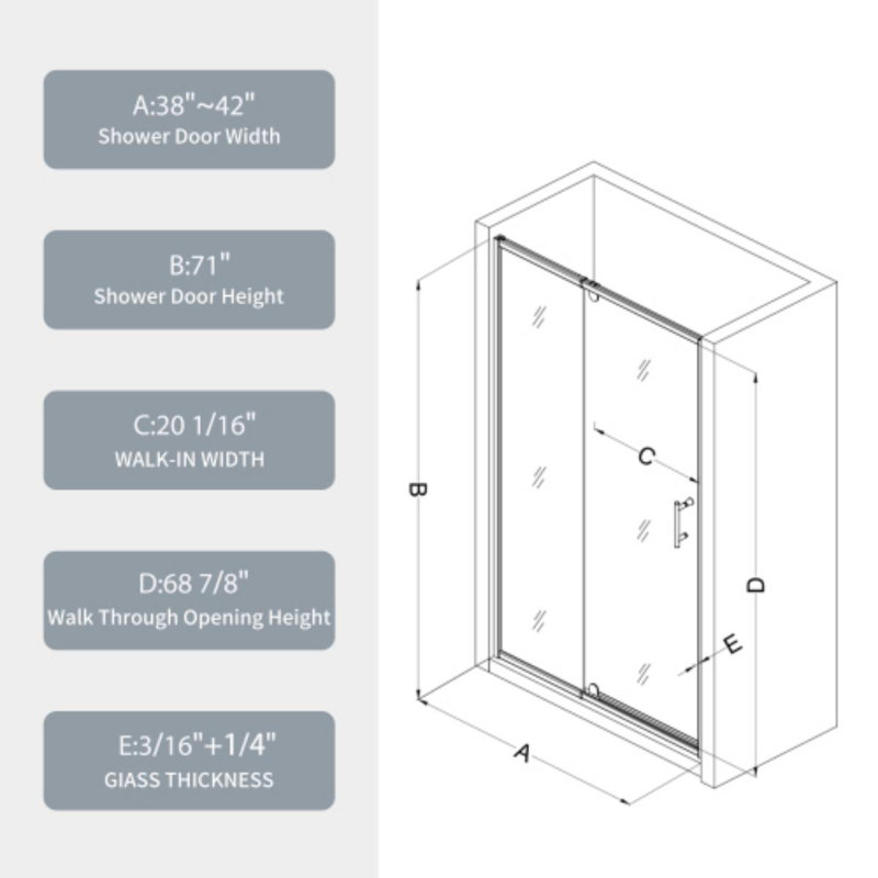 Porte de douche pivotante en verre de 38 à 42 po x H 71 po, porte de douche à cadre pivotant avec verre trempé clair de 1/4 po (6 mm), portes de douche à finition noir mat, installation réversible