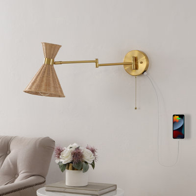Applique murale à bras pivotant à DEL en métal et en rotin 1 lumière Mid-Century Acacio 25 po avec chaînette Acacio