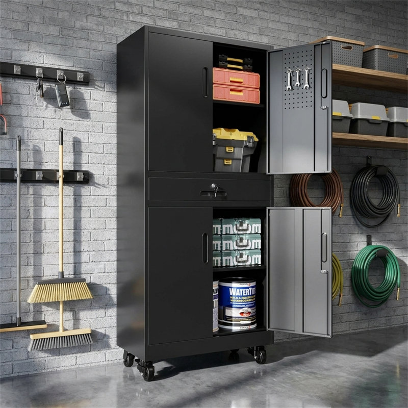 Heavy-Duty Storage Cabinet with Drawer, Black Steel Metal Cabinet, Tall Garage Cabinet with Doors, Wheels, Pegboard and 8 Hooks, Featuring 2 Adjustable Shelves, Lockable Tool Cabinet
