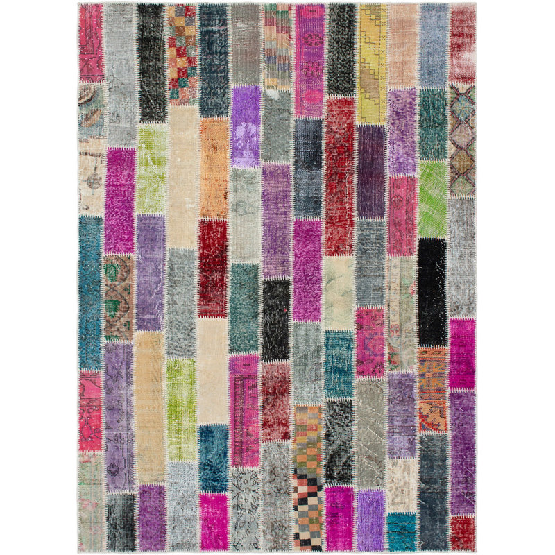 Tapis unique en laine noué à la main bleu / rose / rouge foncé 5 pi 11 po x 8 pi 2 po Andrew-Junior 1980s