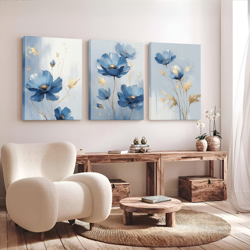 "Blue Floral", art mural, reproduction de peinture à l'huile (ensemble de 3), H 18 po x l 36 po