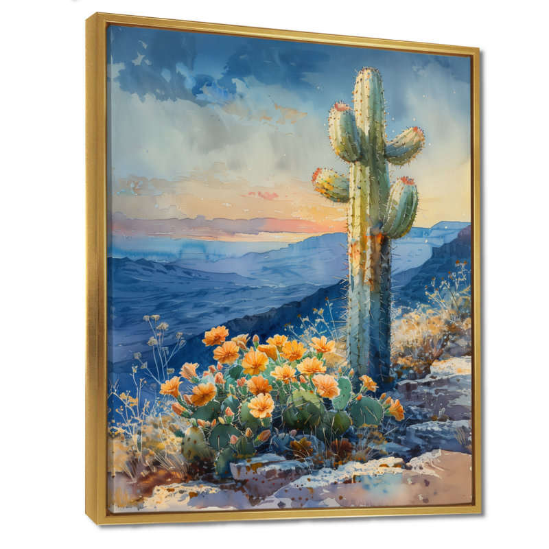 Cactus vert, vert, désert, merveille, Toile avec cadre flottant or, H 20 po x l 12 po x P 1 po