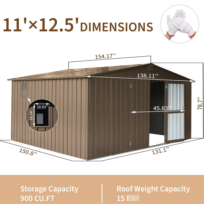 Remise de jardin en métal 11 pi x 12,5 pi, structure en acier galvanisé, portes et fenêtres verrouillables, utilitaire extérieur (remise brune pour la cour arrière)