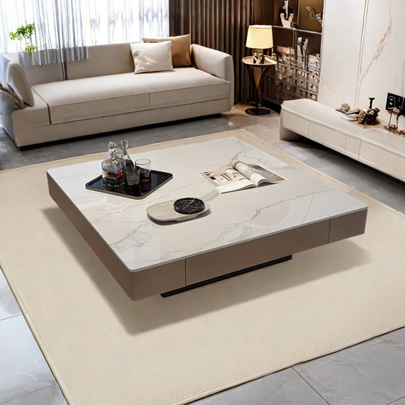 Italian light luxury square stone coffee table, White, 11.8" H x 39.4" L x 39.4" W