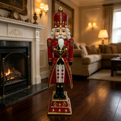 Statue de soldat Casse-Noisette en résine préilluminée de 89 cm, figurine de Noël rouge et or avec socle en forme de pique, pour la décoration intérieure et extérieure d'une entrée ou d'un porche.
