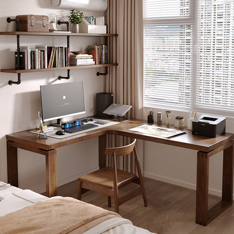 Solid wood walnut-colored L-shaped corner desk, Left, 29.53"H*70.87"W*55.12"D