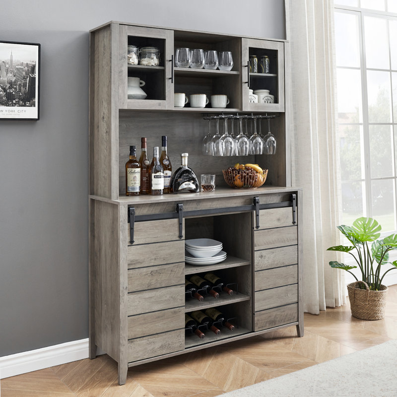 Oak Bar Cabinet,Farmhouse Coffee Bar Cabinet with Sliding Barn Doors, Black