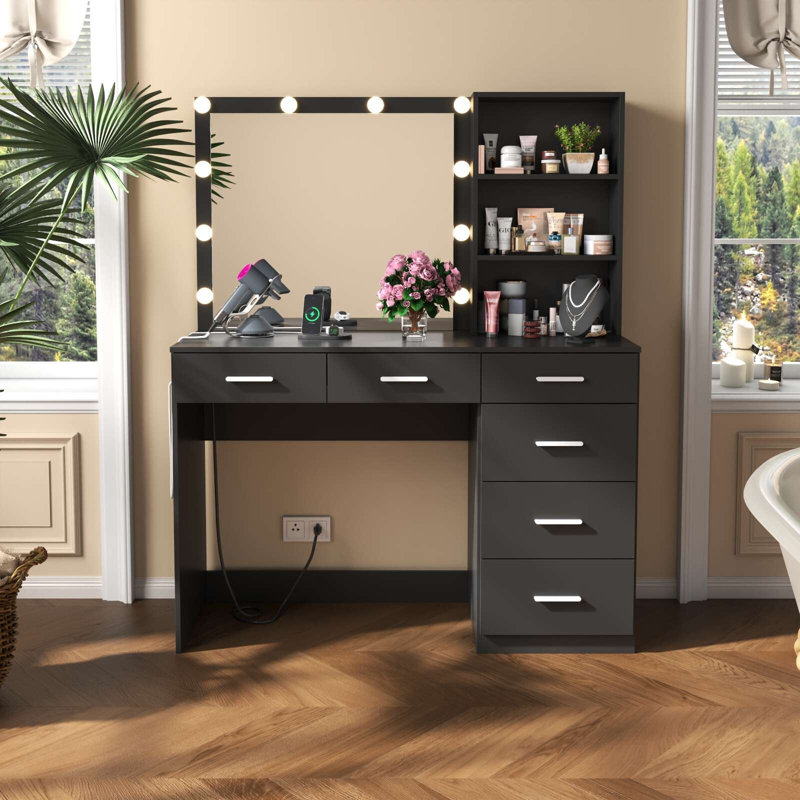 Bimini Vanity Desk with Storage Shelves, 6-Drawers Dressing Table, Black