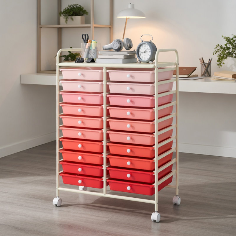  Chariot de rangement roulant à 20 tiroirs avec roues verrouillables, organisateur de studio pour la maison, le bureau et la salle de bricolage, rose dégradé