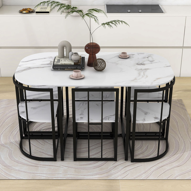 Malinda 7Pcs Dining Table Set for 6, with Faux Marble Table and 6 Geometric Chairs, White/Black, Black