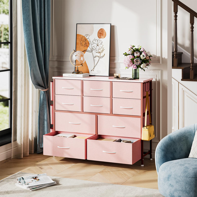 Commode en tissu à 10 tiroirs avec structure en métal, rangement avec poches latérales et crochets, Rose