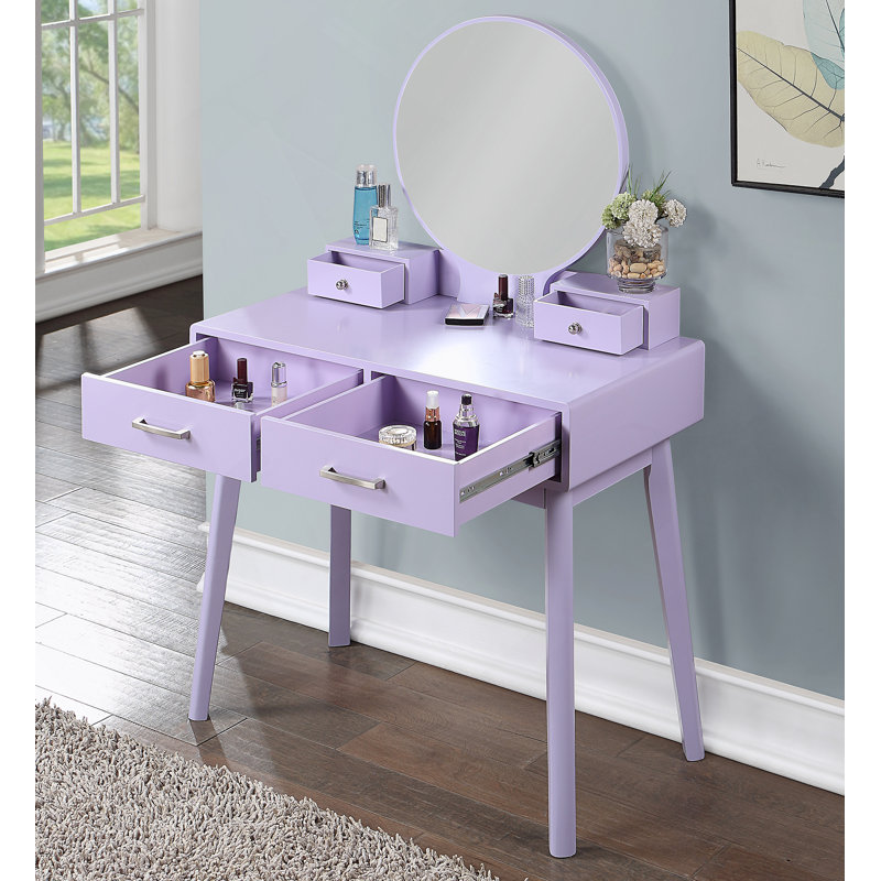 Contemporary Wood Vanity And Stool Set, Purple