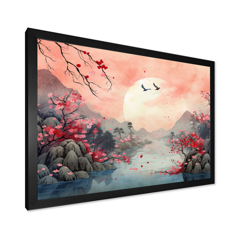Paysage japonais du soleil levant IV sur toile, H 16 po x l 32 po x P 1 po, Cadre photo noir