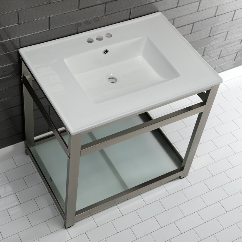 Kingston Brass Quadras 31-Inch Ceramic Console Sink with Steel Base and Glass Shelf, White/Brushed Nickel, 4" Centers